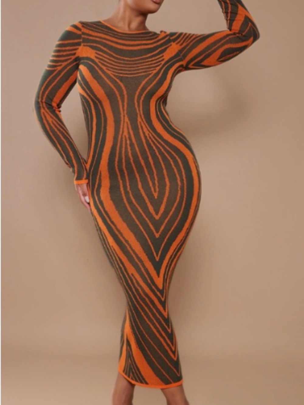 PrettyLittleThing Orange & Olive Knit Wave-Pattern Long Sleeve Midi Dress